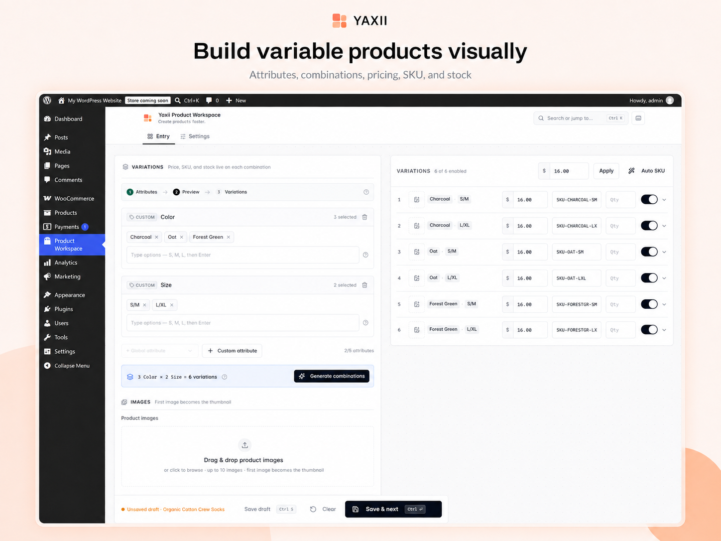 Variable products — attributes, generated variations, pricing, and SKUs in one view.