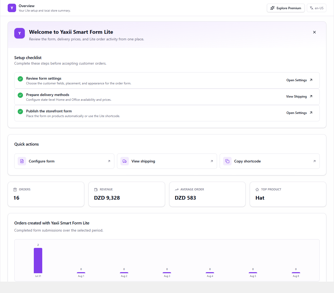 Overview showing setup readiness and Lite-created WooCommerce order metrics.