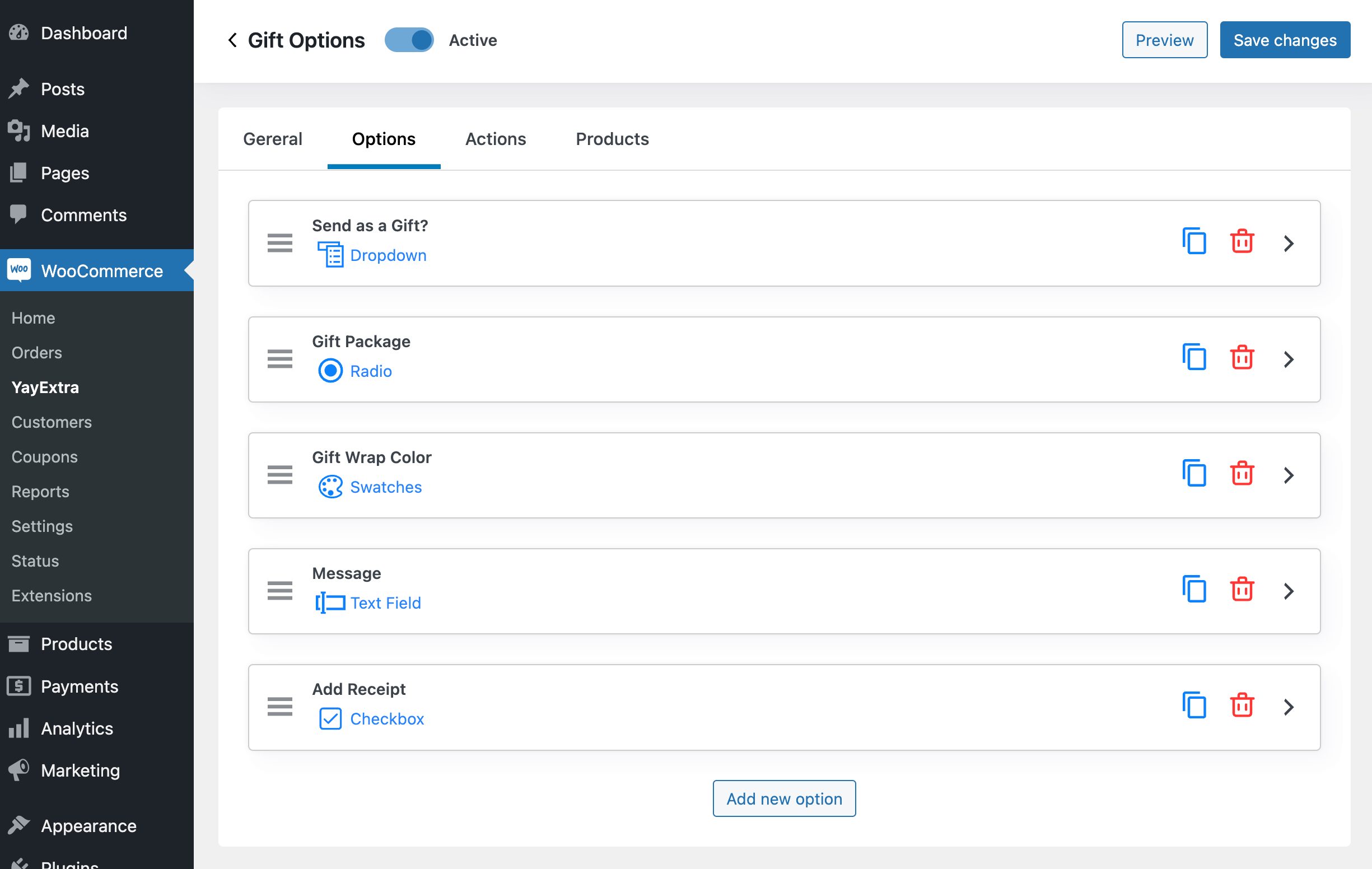 Gift options in the product field/extra option list