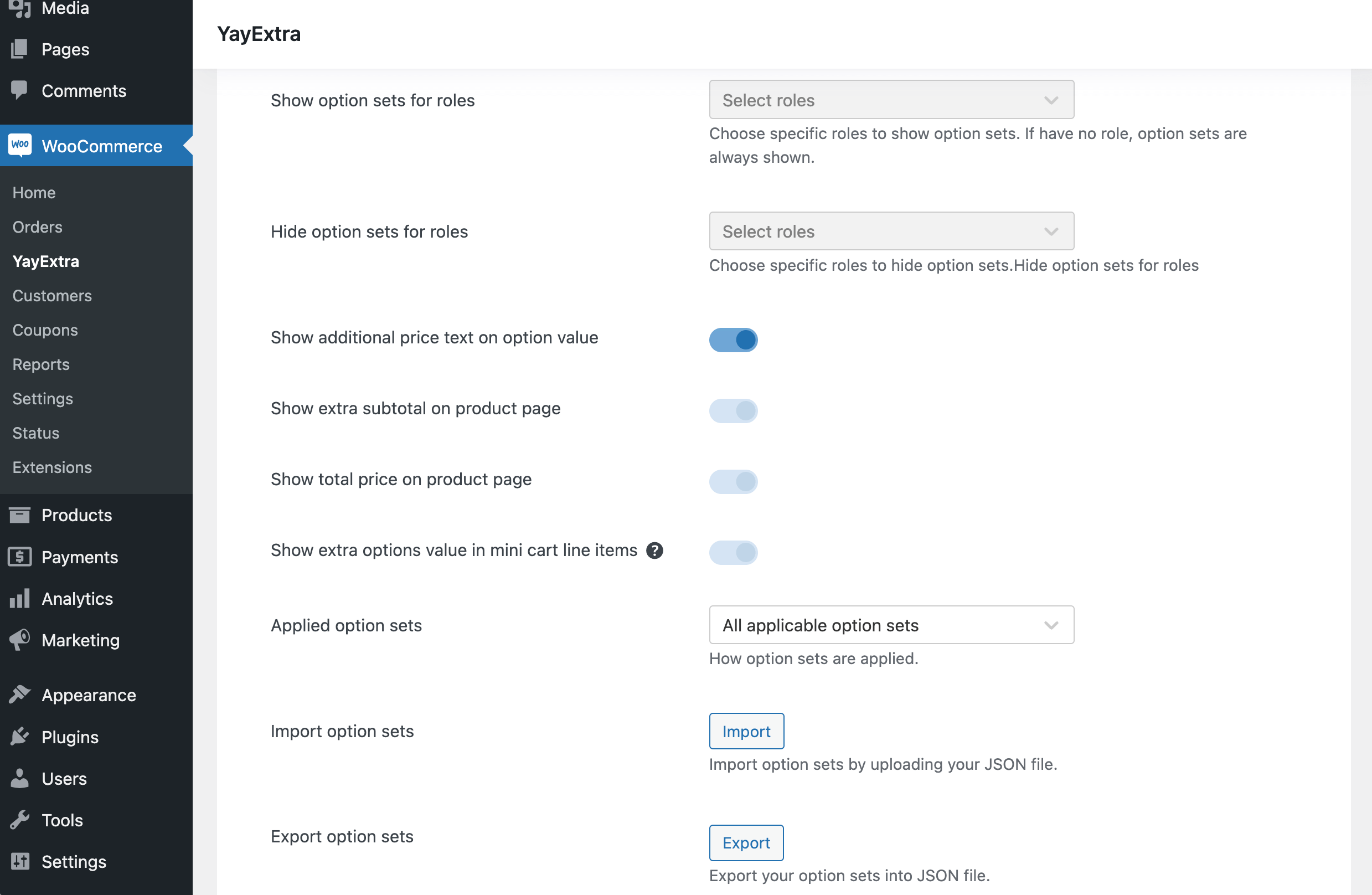 Admin dashboard settings for WooCommerce extra product options