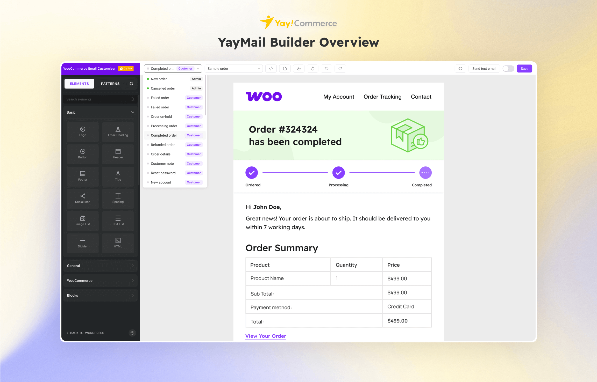 Overview of YayMail email builder with element panel, email template selector, toolbar, and editing area