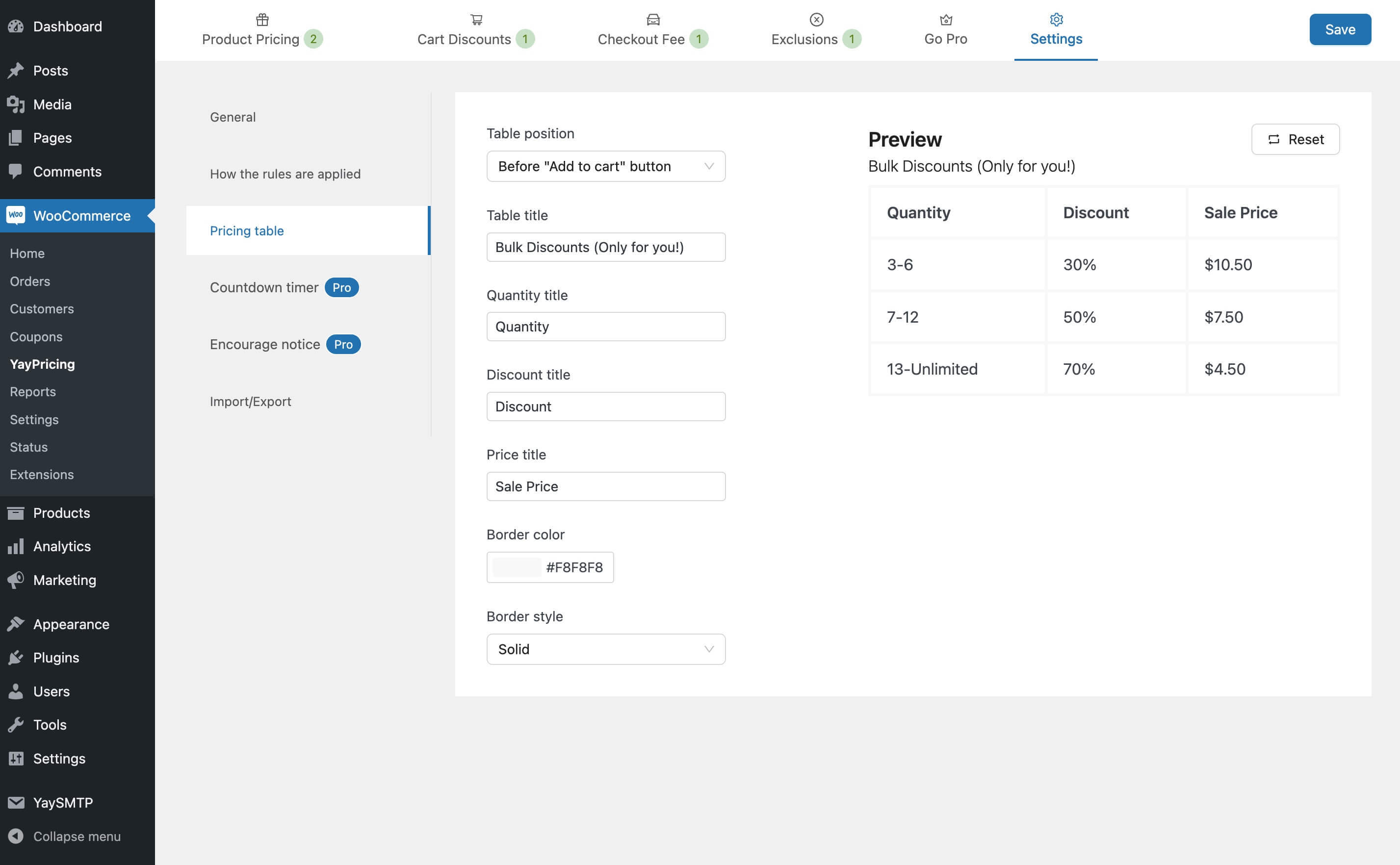 Customize pricing table of WooCommerce bulk pricing and quantity discounts