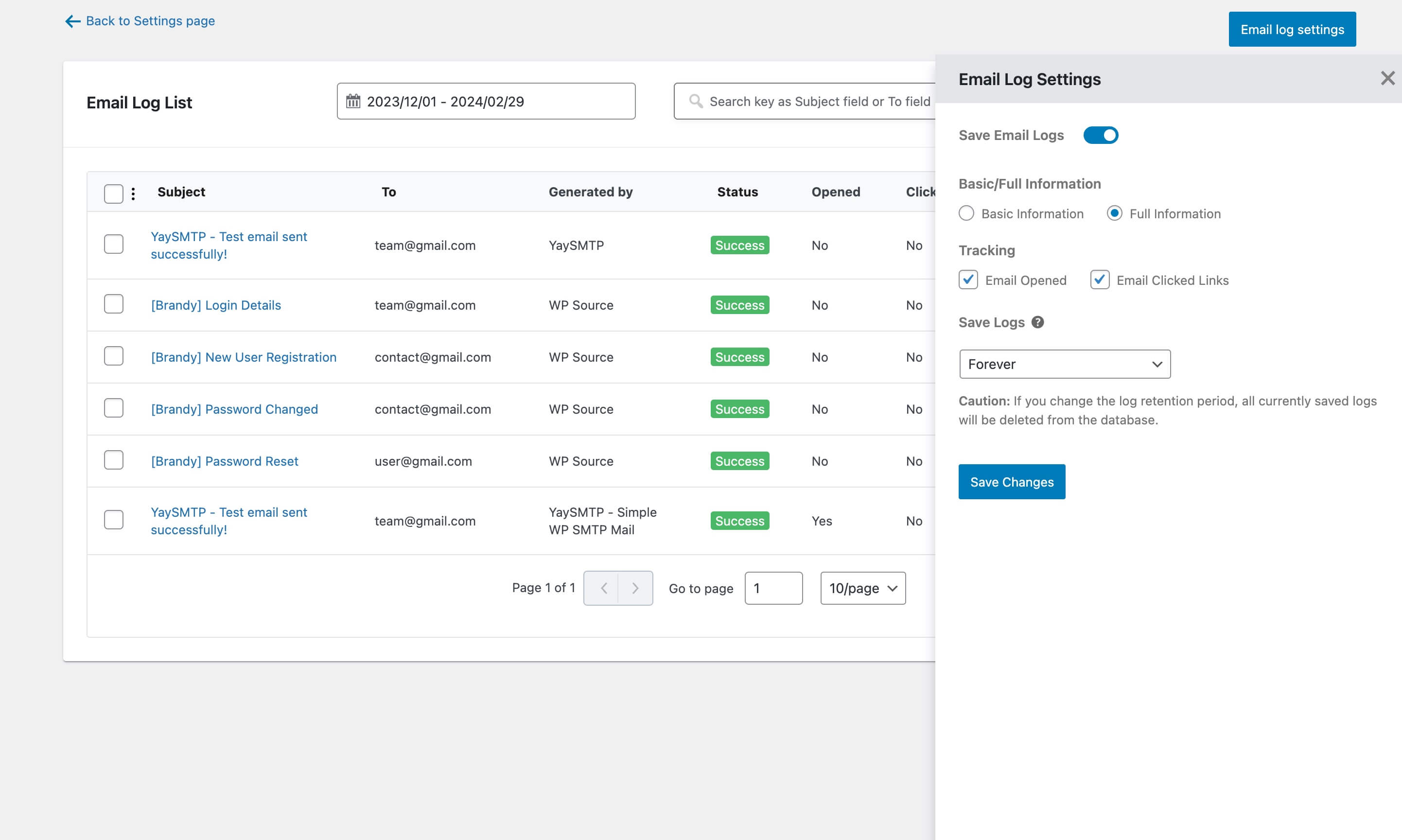 Email List and Email Log Settings