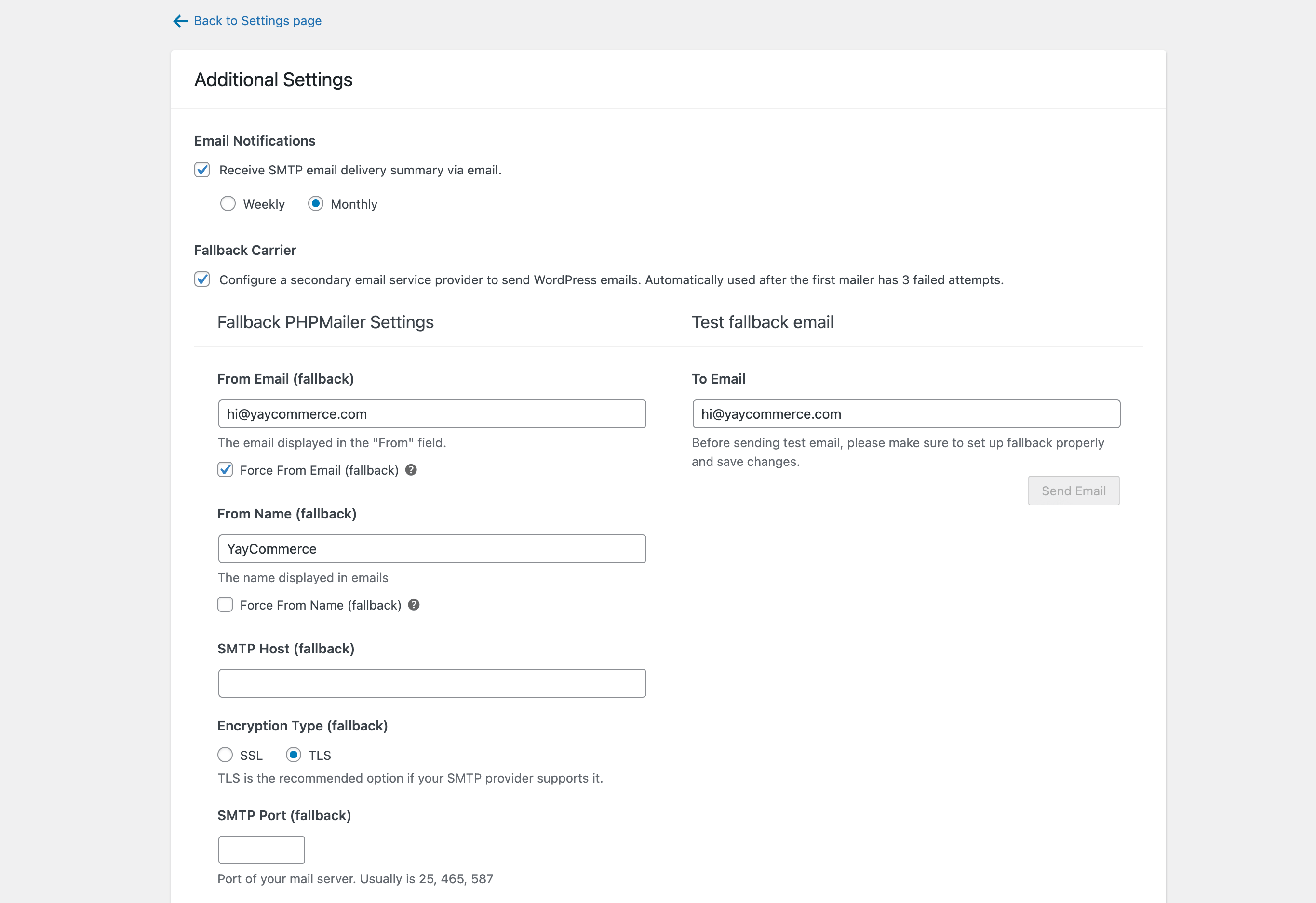 Additional Settings for Email Delivery Summary and Fallback Options