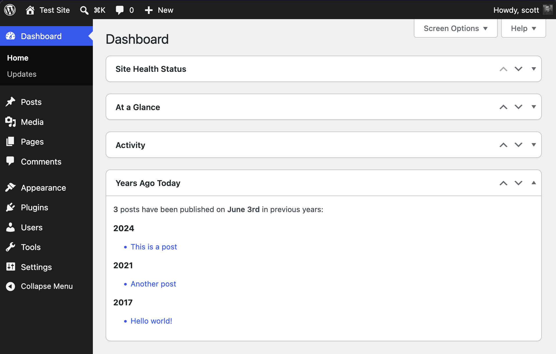 The admin dashboard showing posts published on the current day in previous years.