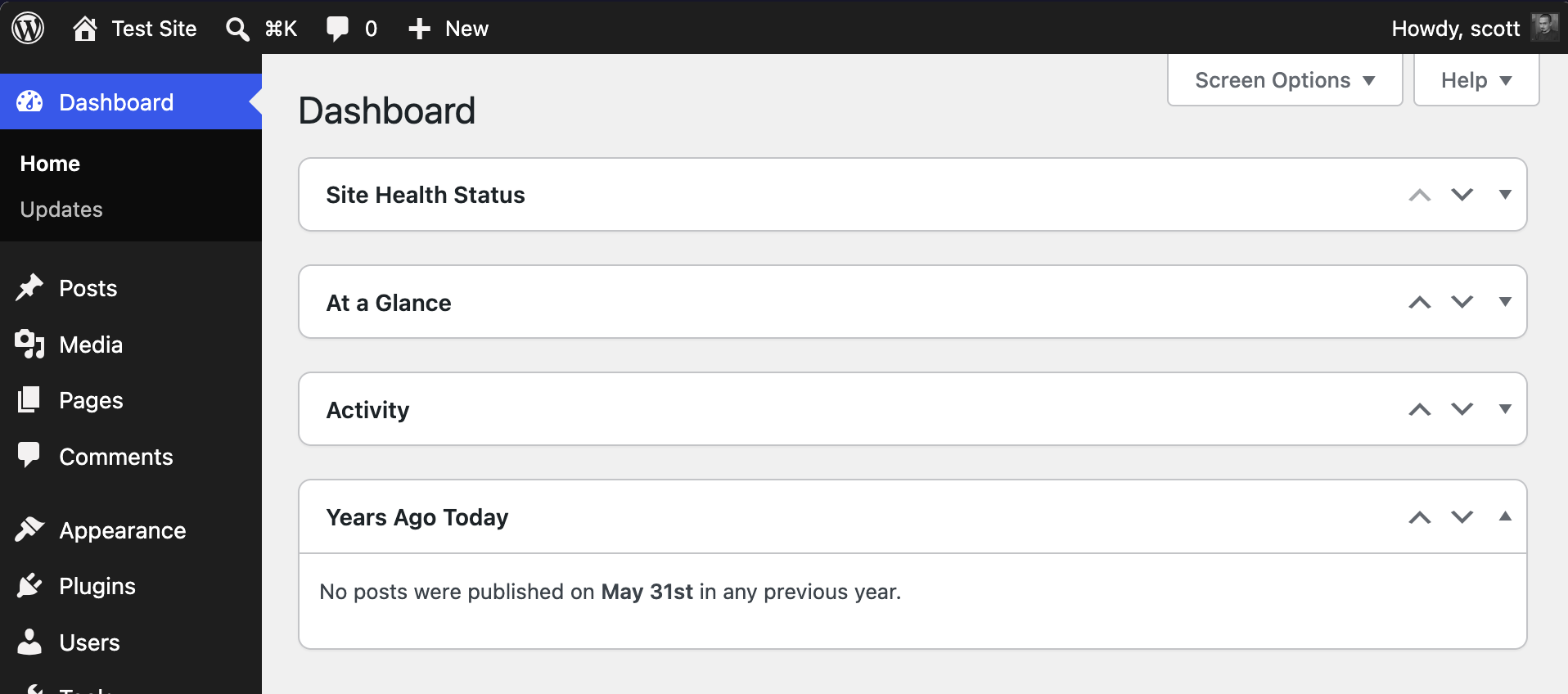 The admin dashboard when no posts were published on the current day in any previous year.