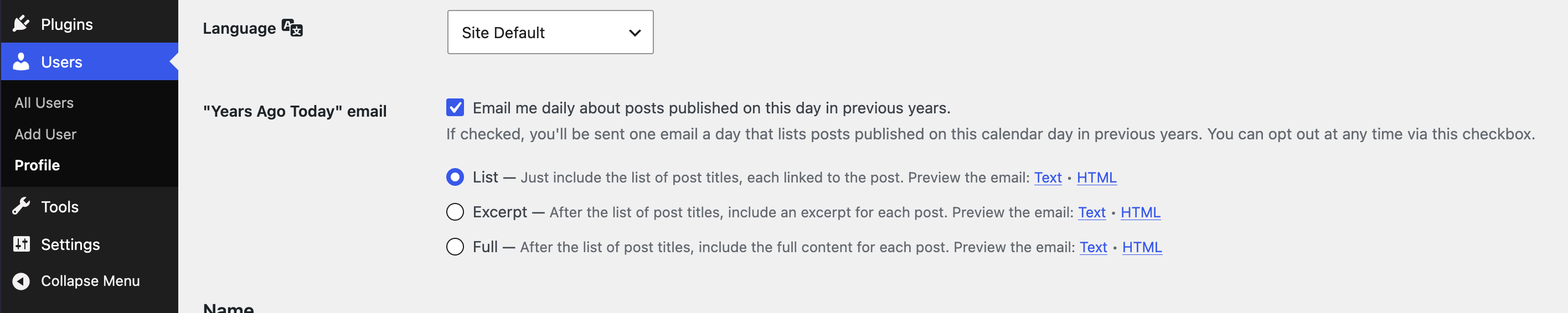 Profile option for opting into receiving a daily email of posts published on the current day in previous years. Also shown are links for previewing each style of email.