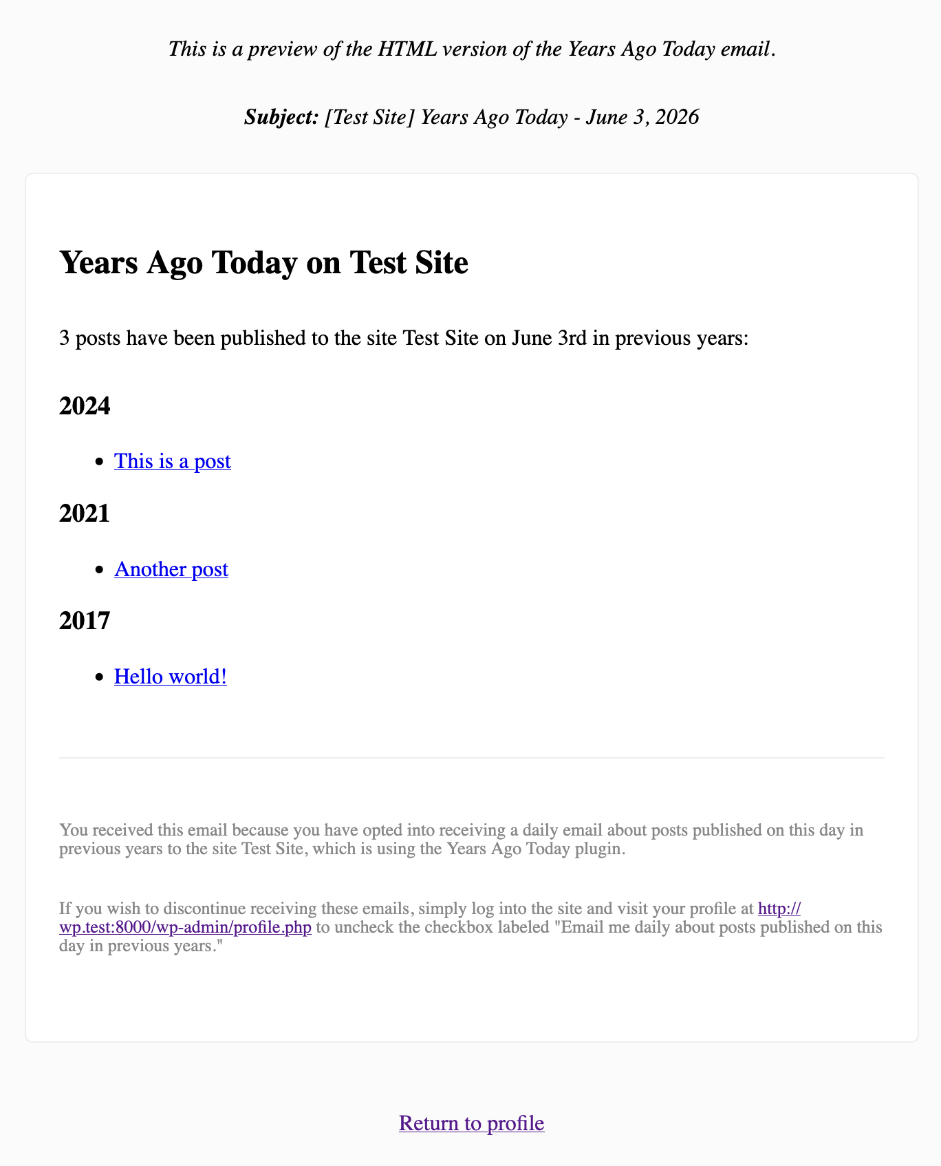 Preview of the HTML email with the default basic listing of posts by year.