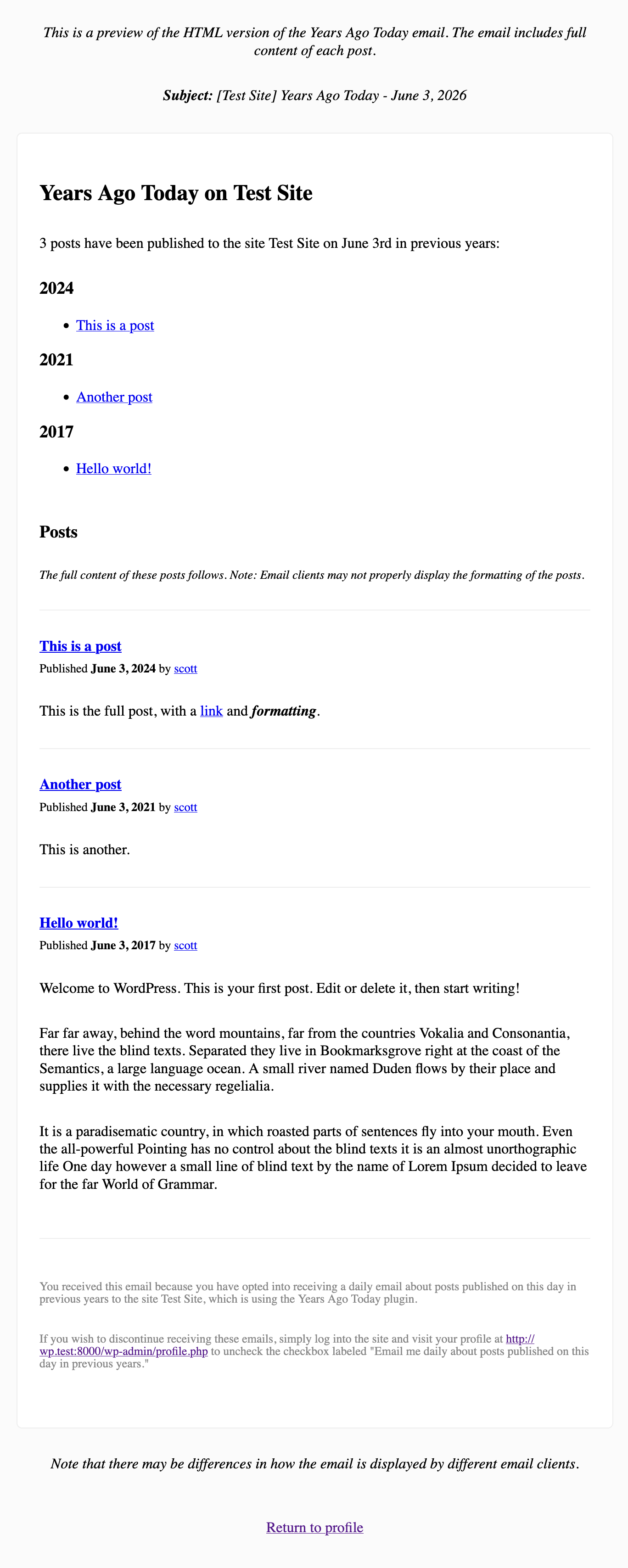 Preview of the HTML email, but with full post content included.