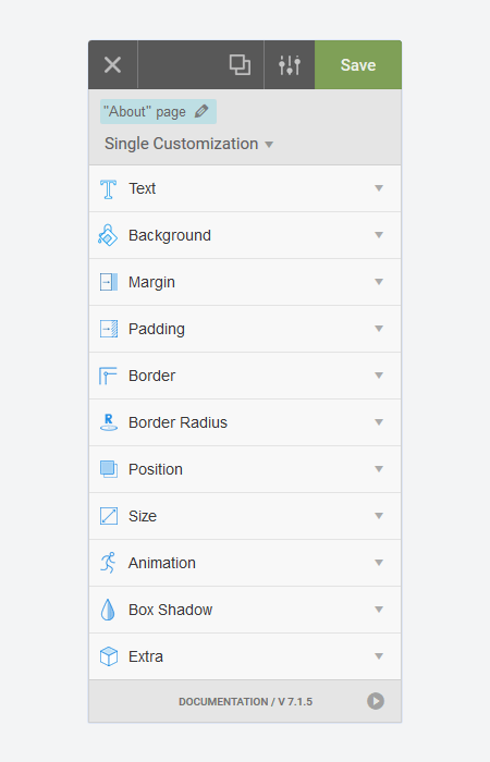 The editor panel. Choose one block on your website and apply any style visually.