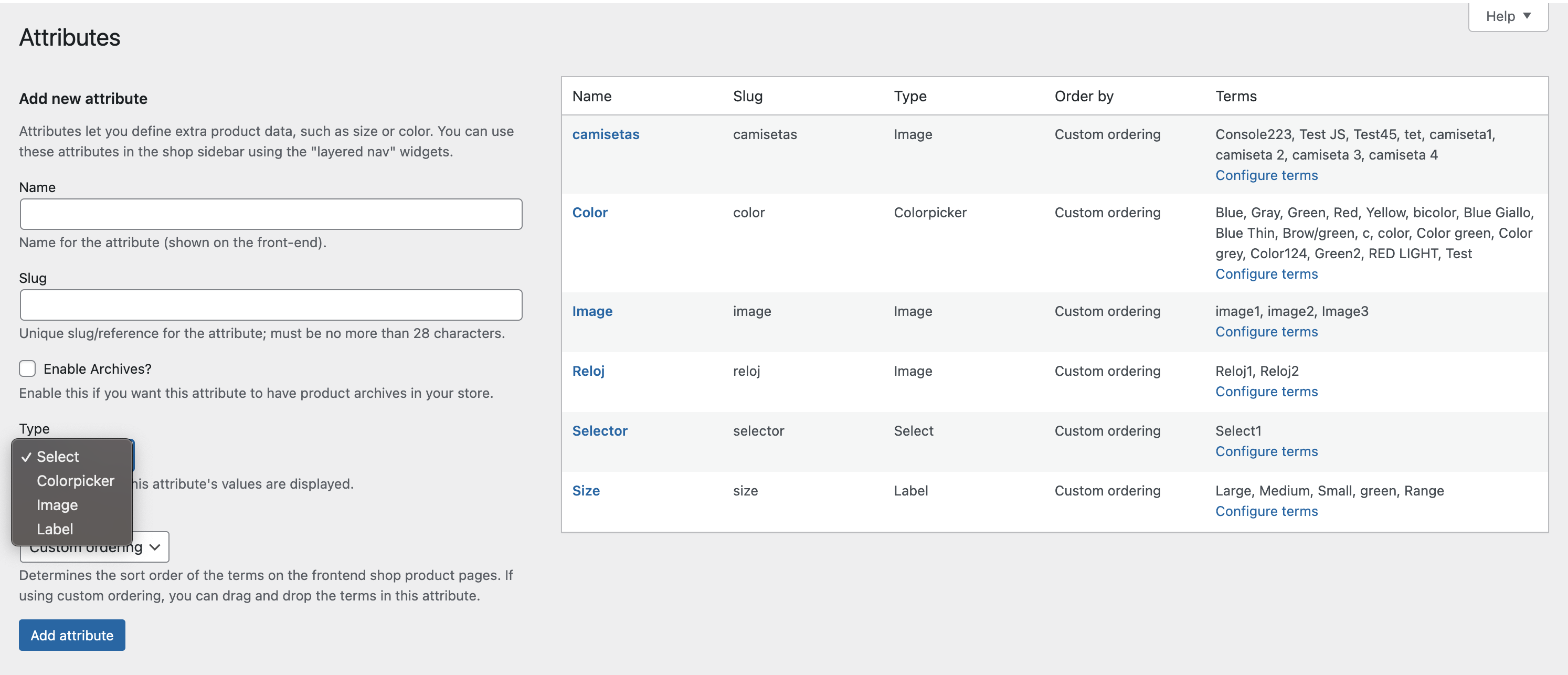 Attribute settings