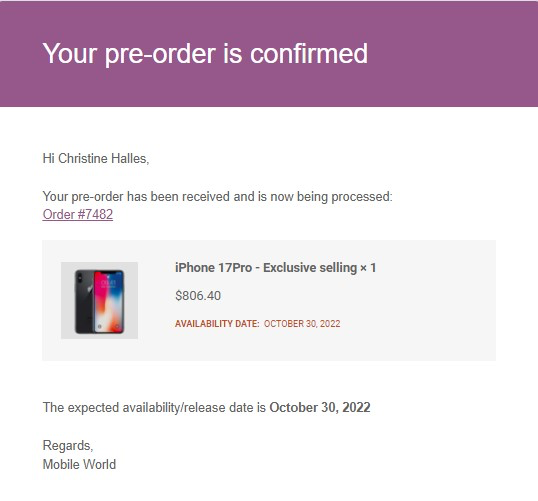 "Pre-order confirmed" email for the customer.