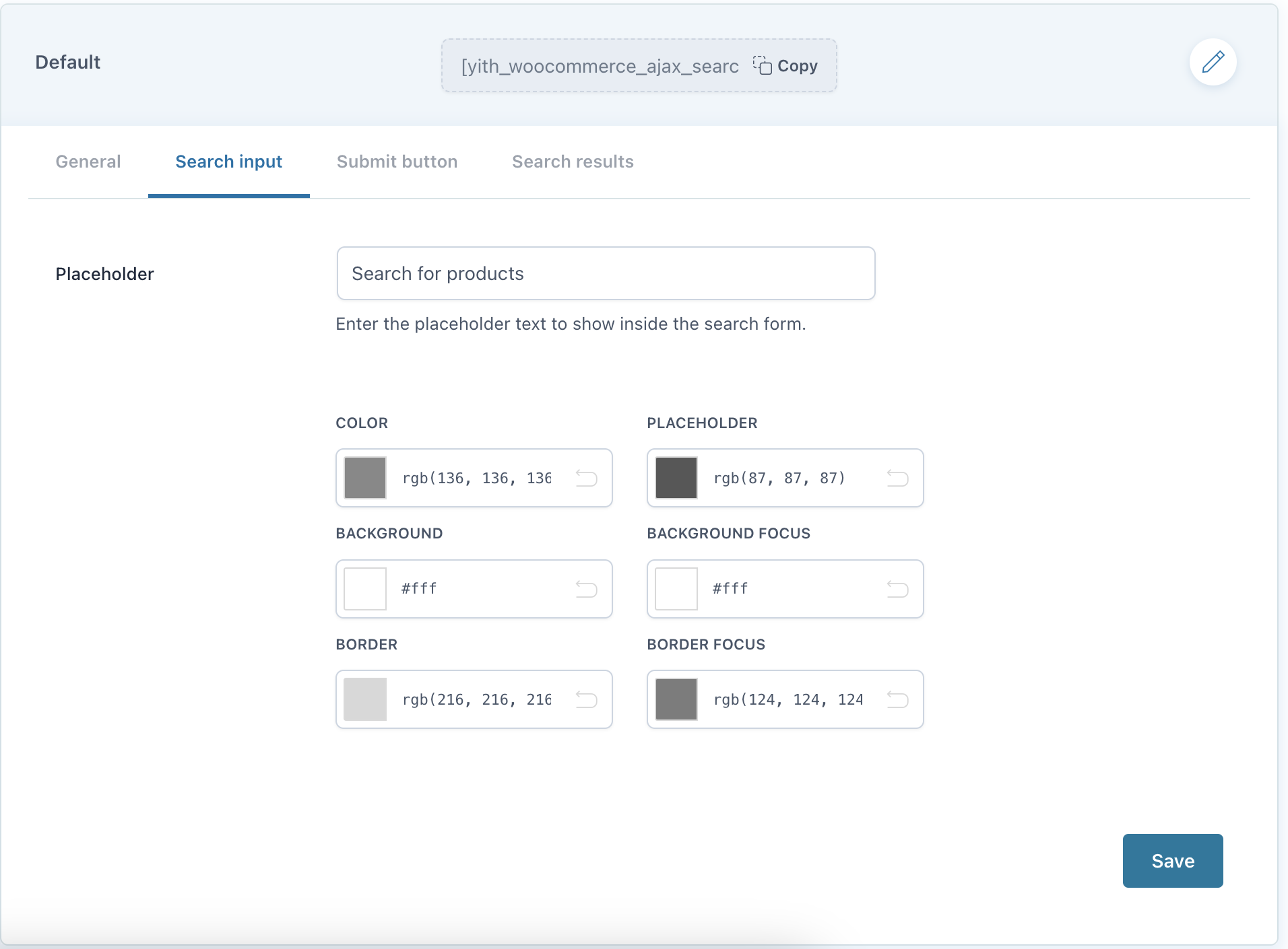 Shortcode configuration - search input tab