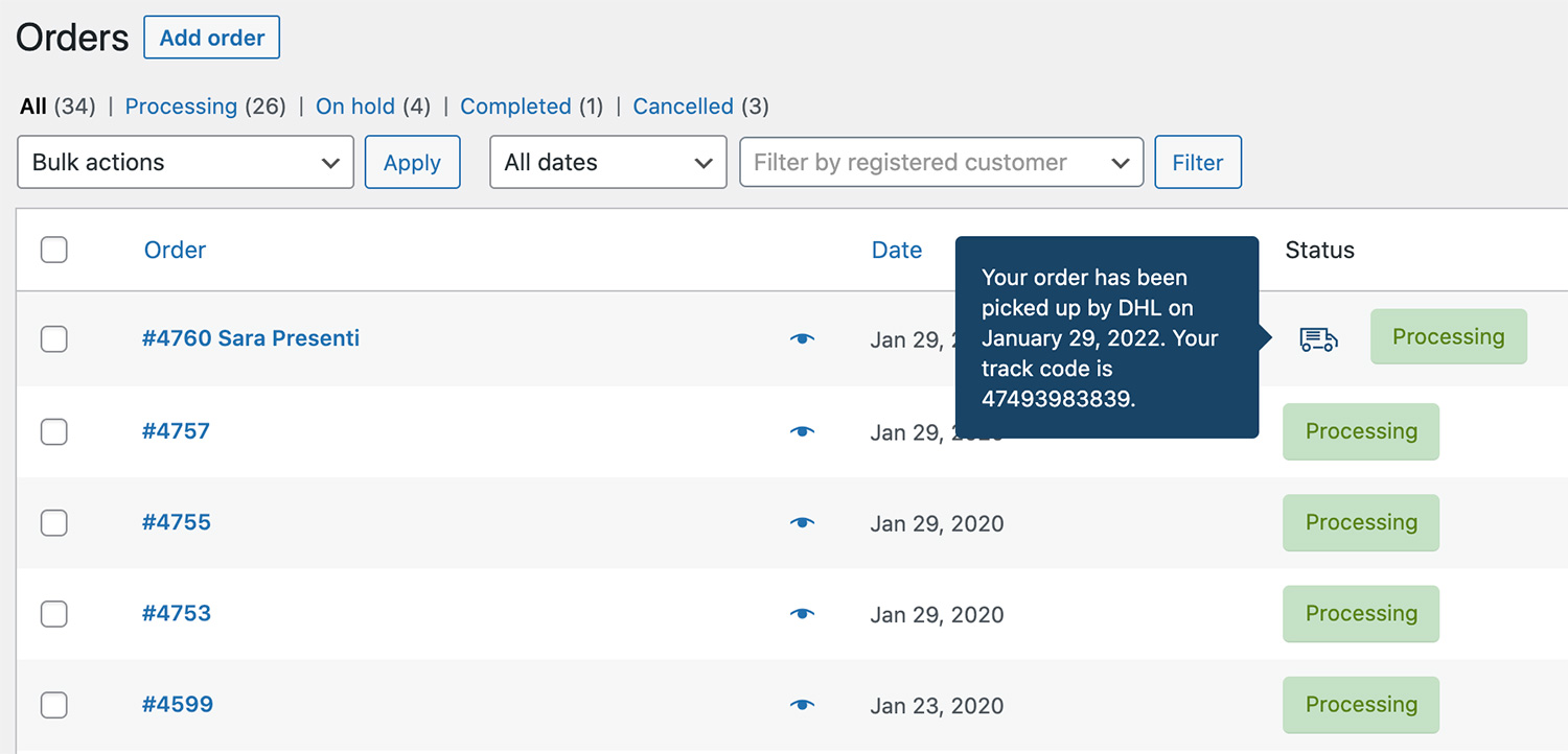 Admin view in orders table: the admin can view the shipping info of each order directly in WooCommerce's orders list.