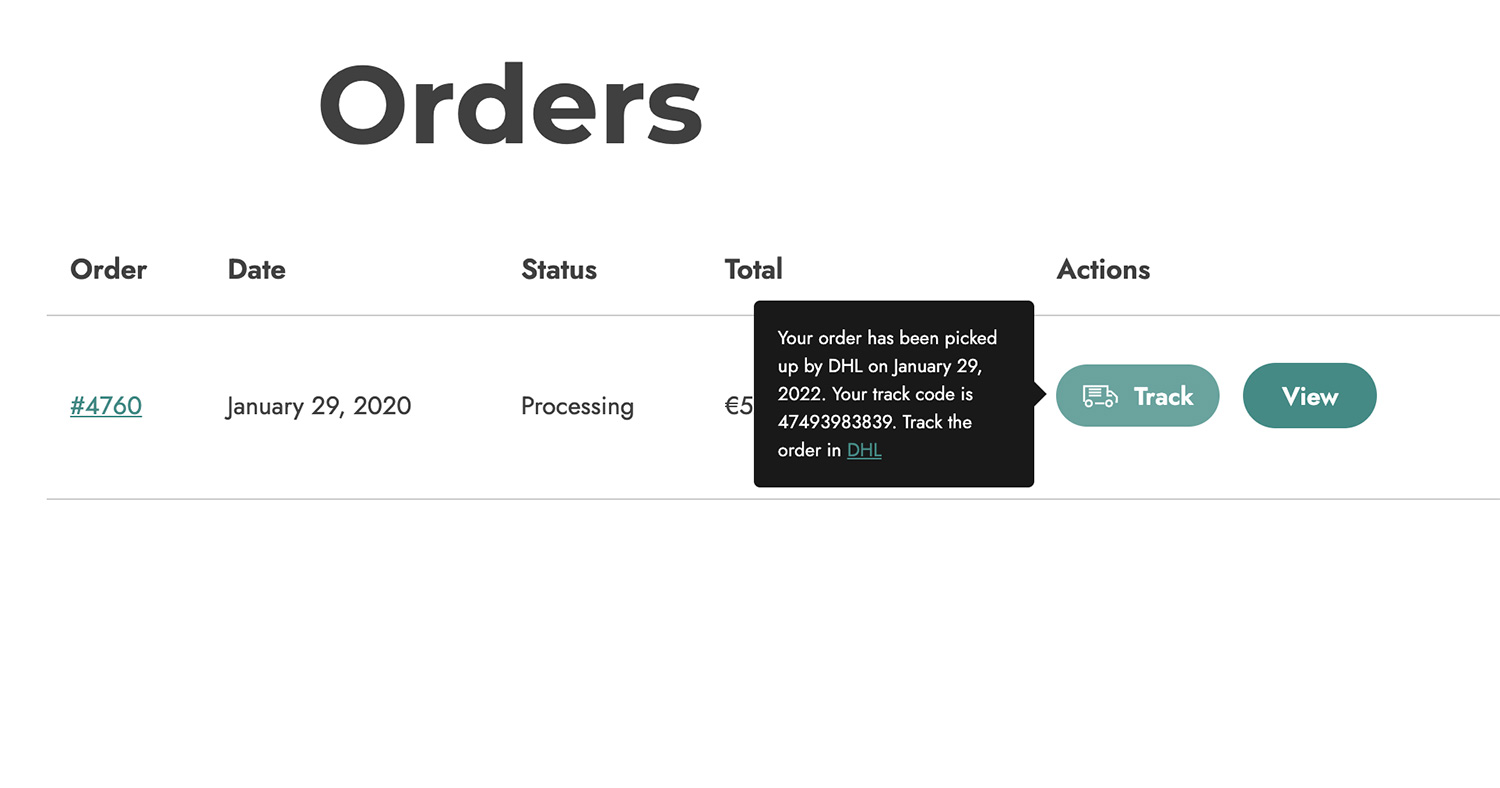 Customer view in orders list: the customers can view the shipping info of each order directly in the list of orders, inside the My Account page. By clicking on the button, they will be redirected to the Carrier's website (the URL entered by the admin in the order).