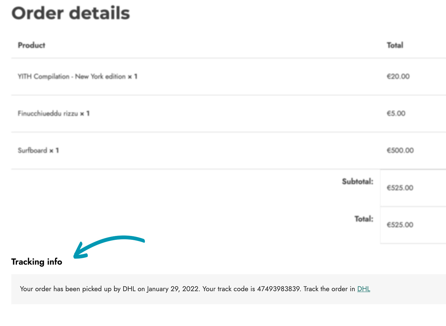 Customer view in order details: the customers can view the shipping info in the order details page, in the My Account section.