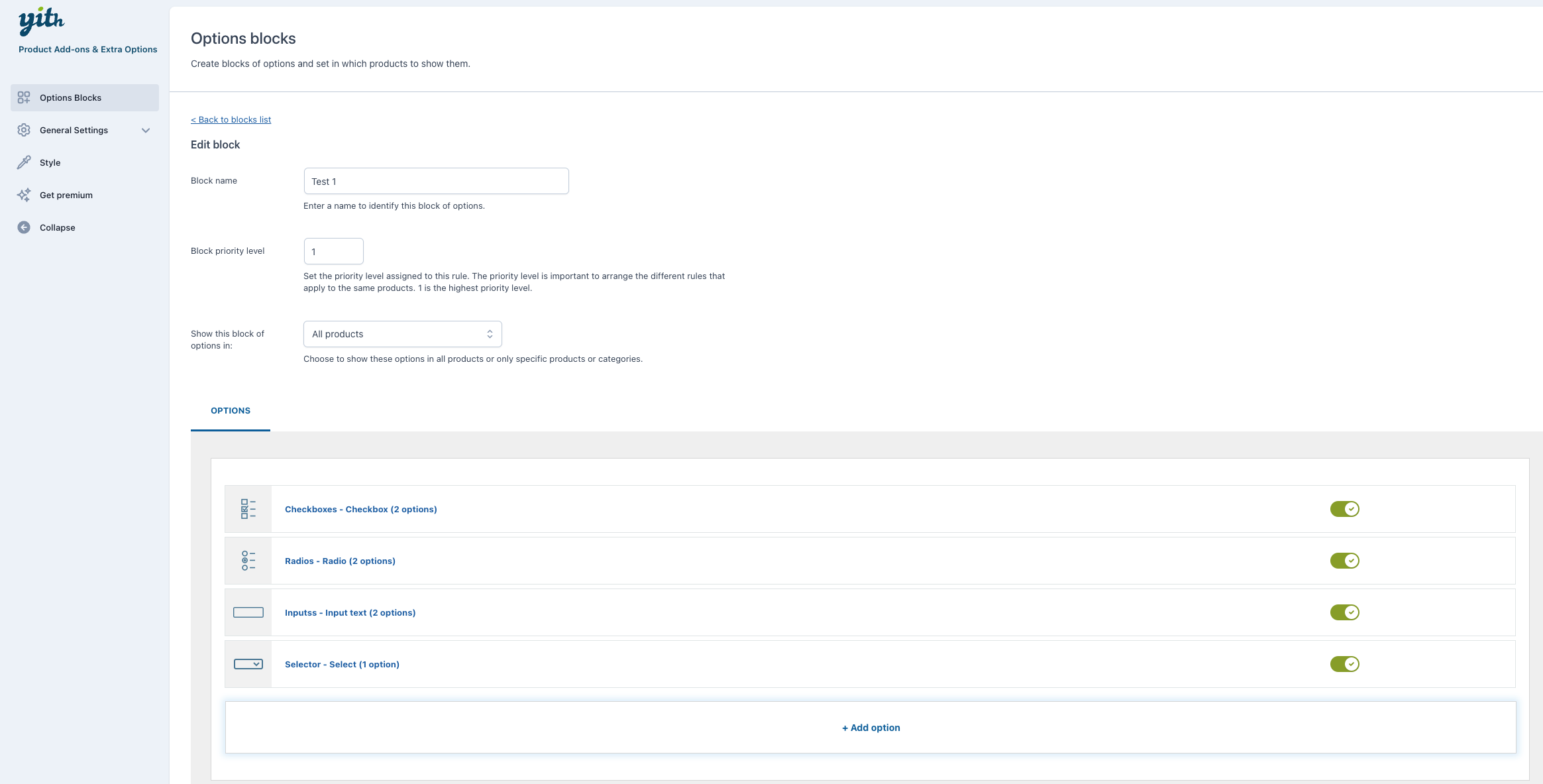 Block configuration page