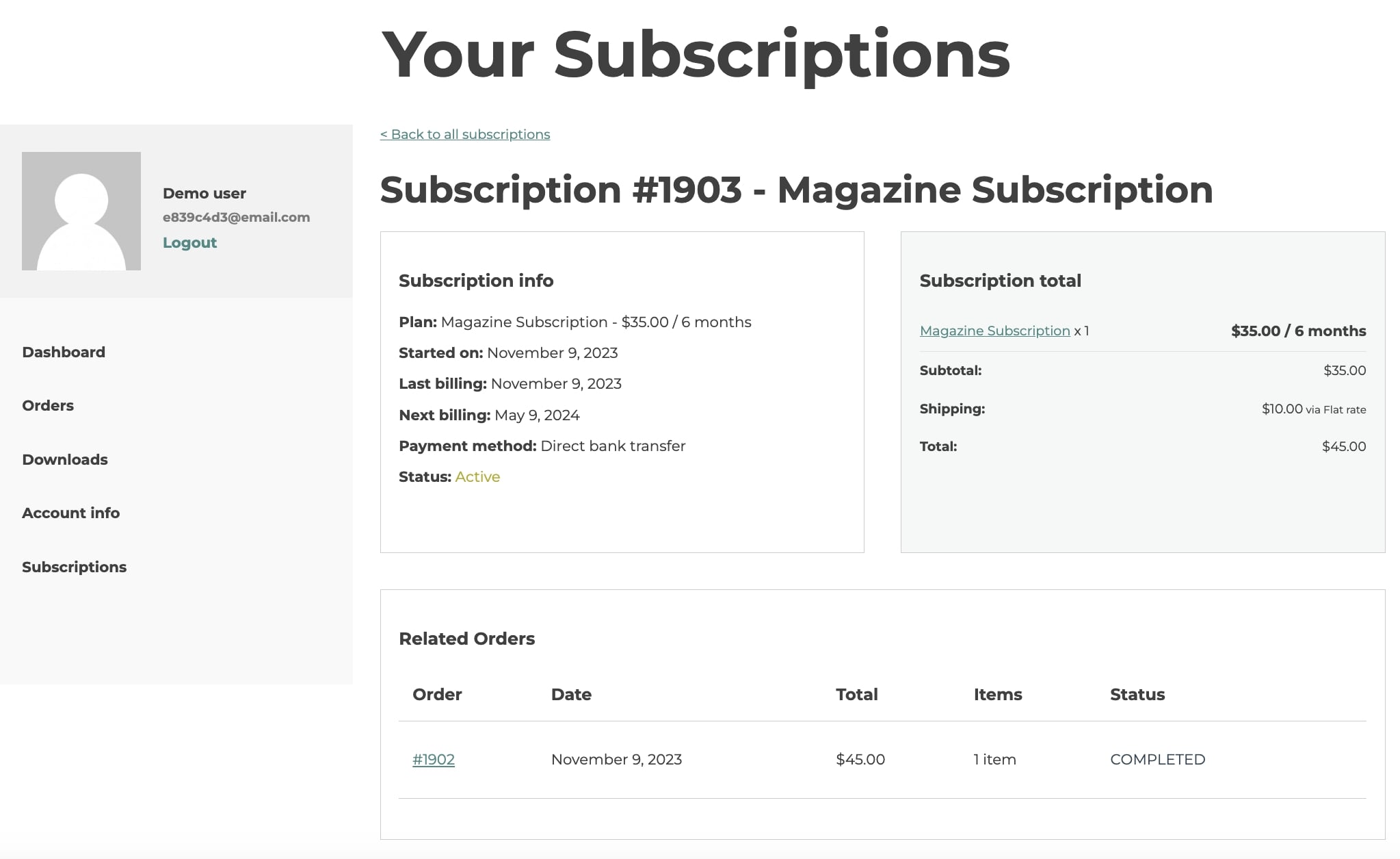 Subscription detail on 