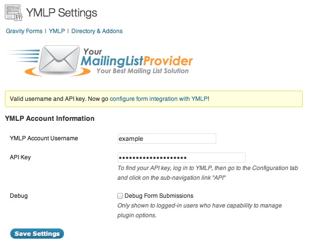 The Gravity Forms YMLP Add-on settings page