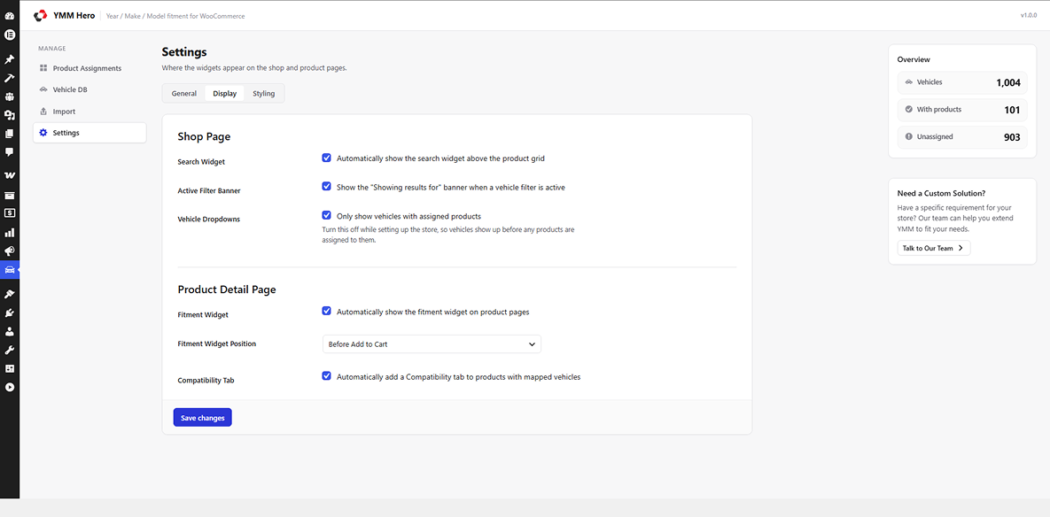 Settings — Display tab, controlling where the search and fitment widgets appear.