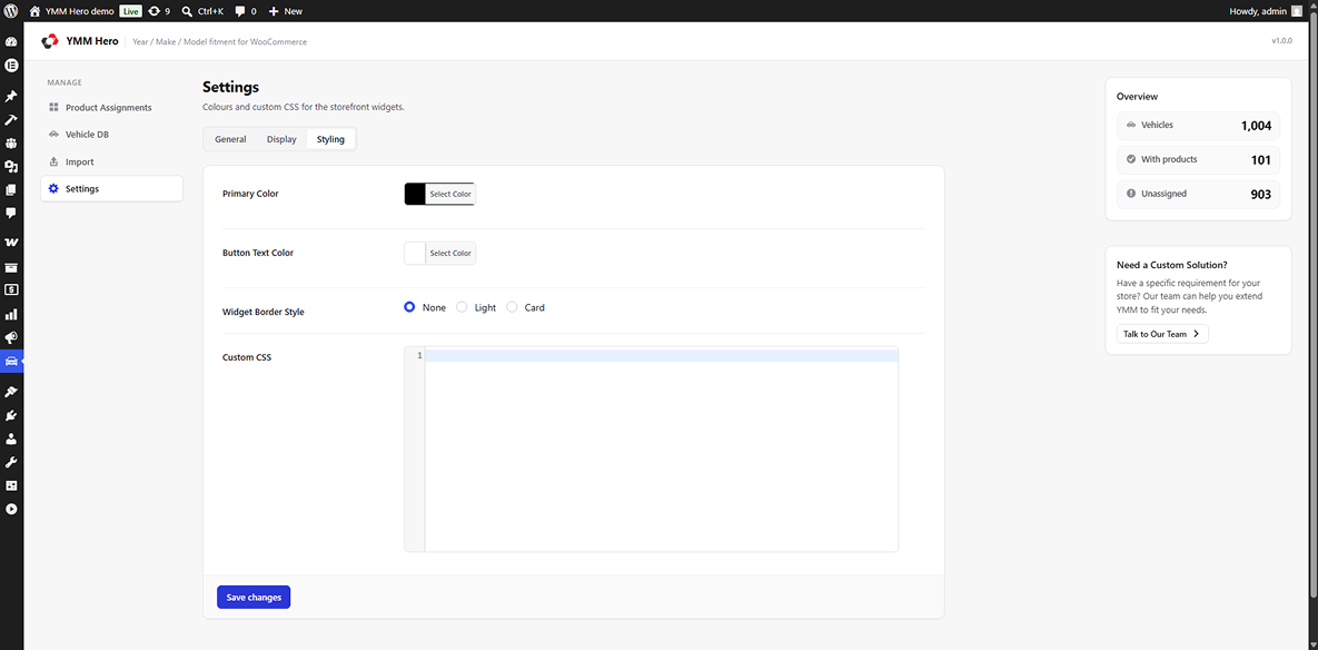 Settings — Styling tab, with colours and widget border style.