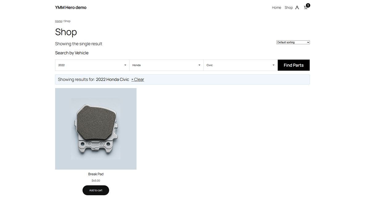 Frontend - Shop page filtered to the selected vehicle, with the active "Showing results for" banner and a clear link.