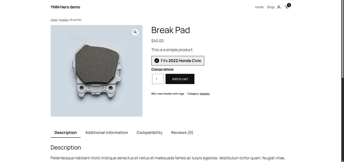 Frontend - Single product page confirming the part fits the remembered vehicle, plus a Compatibility tab.