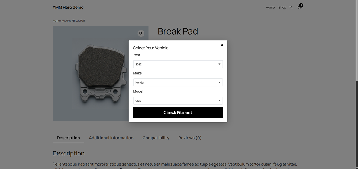 Frontend - The Select Your Vehicle popup on the product page, used to check fitment without leaving the page.