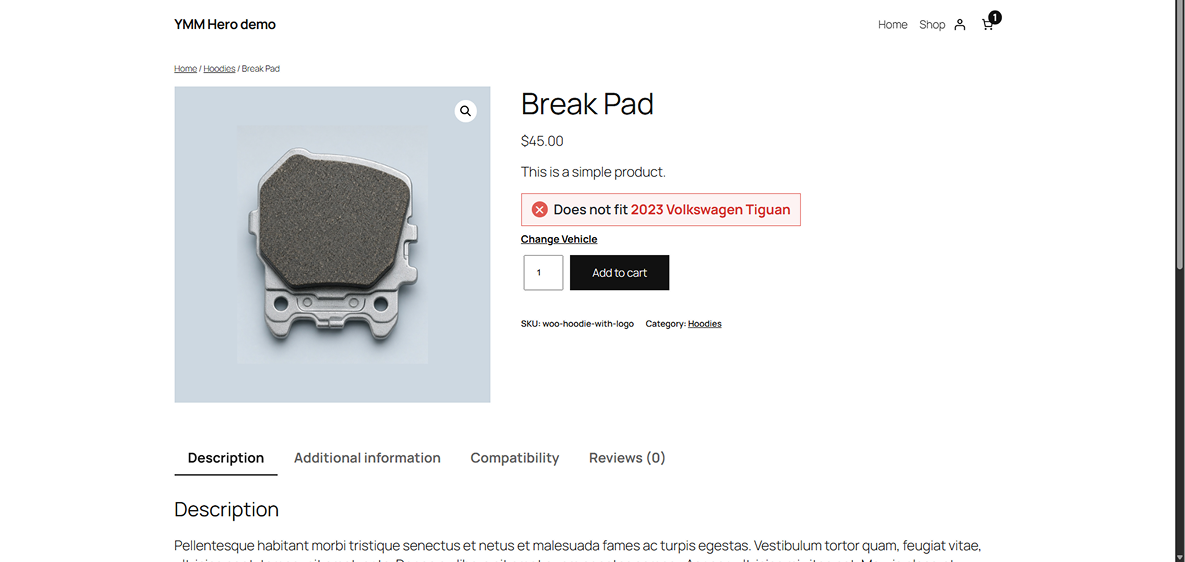 Frontend - Single product page warning that the part does not fit the selected vehicle.