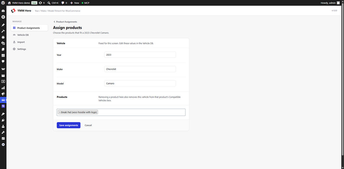 Admin panel - Assign products screen — pick the products that fit one vehicle.
