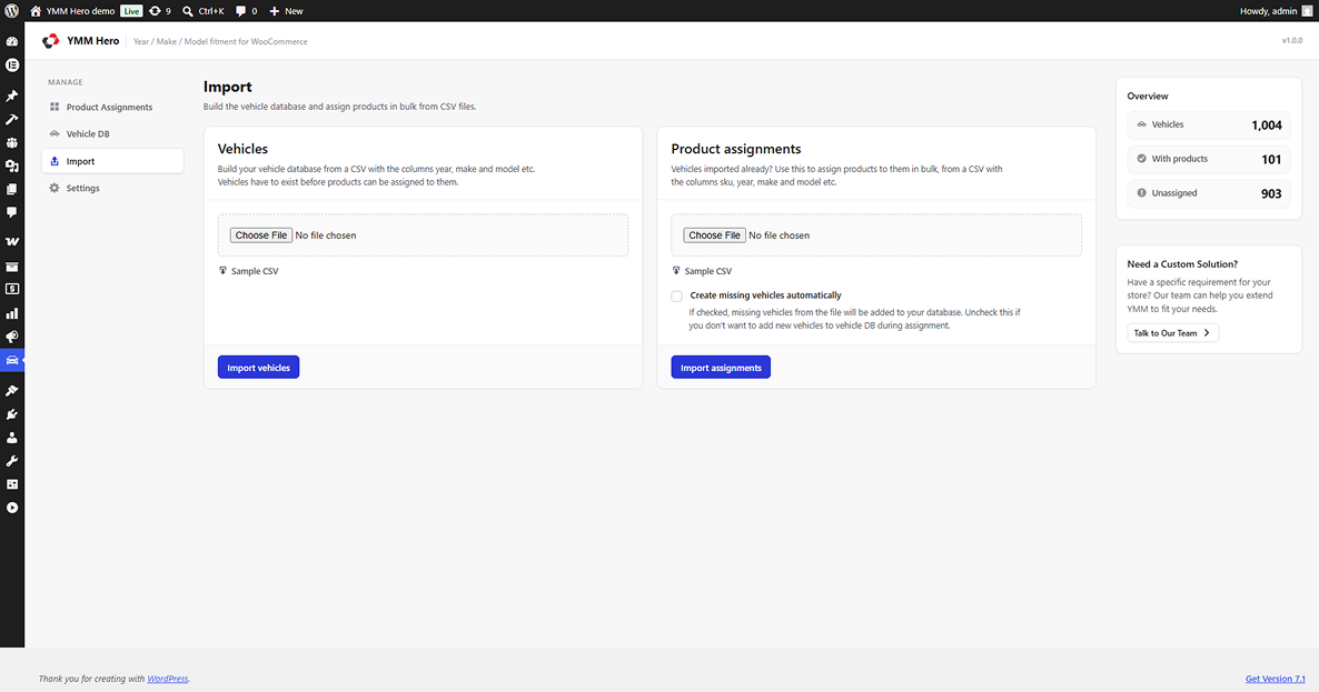 Admin panel - Import screen for bulk loading vehicles and product assignments from CSV.