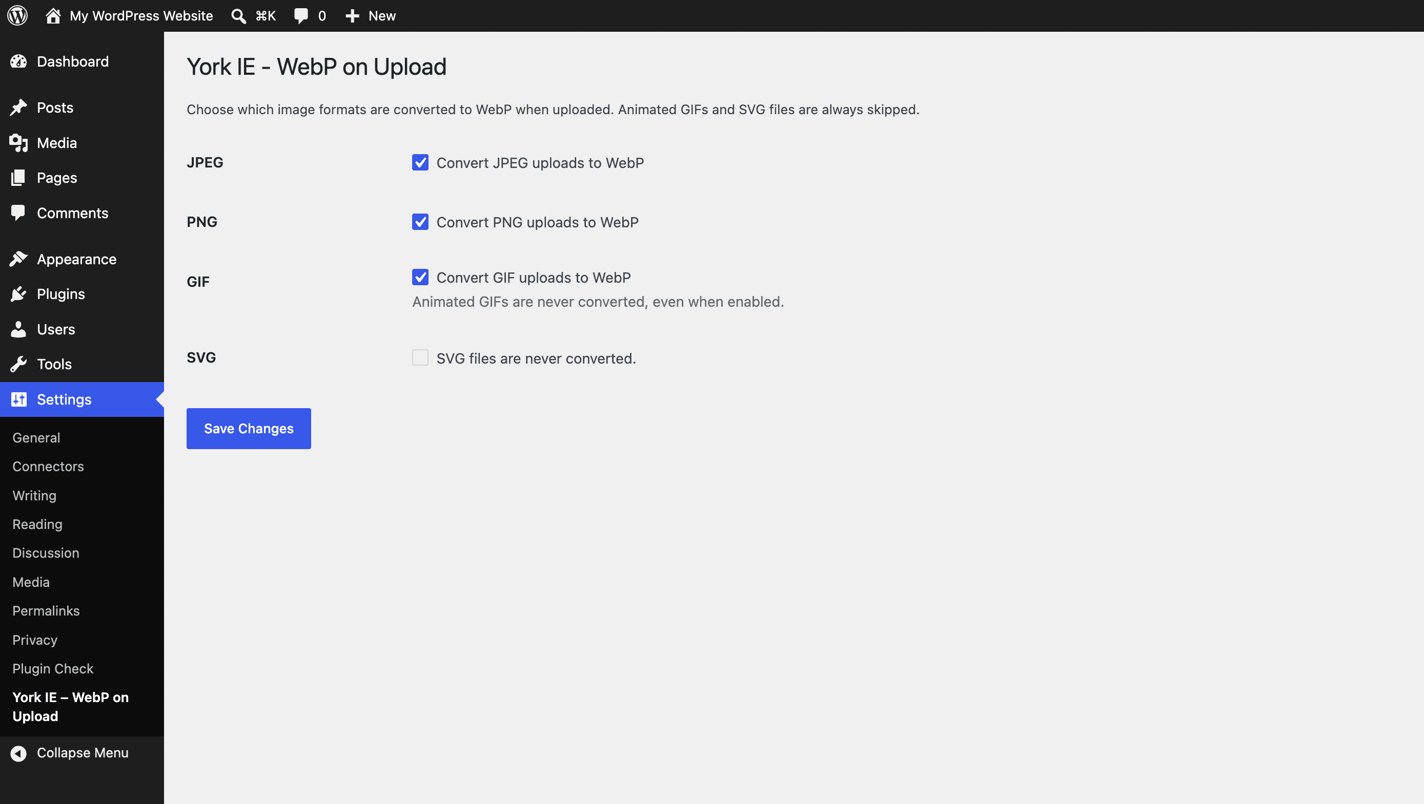 Settings page with per-format conversion toggles.