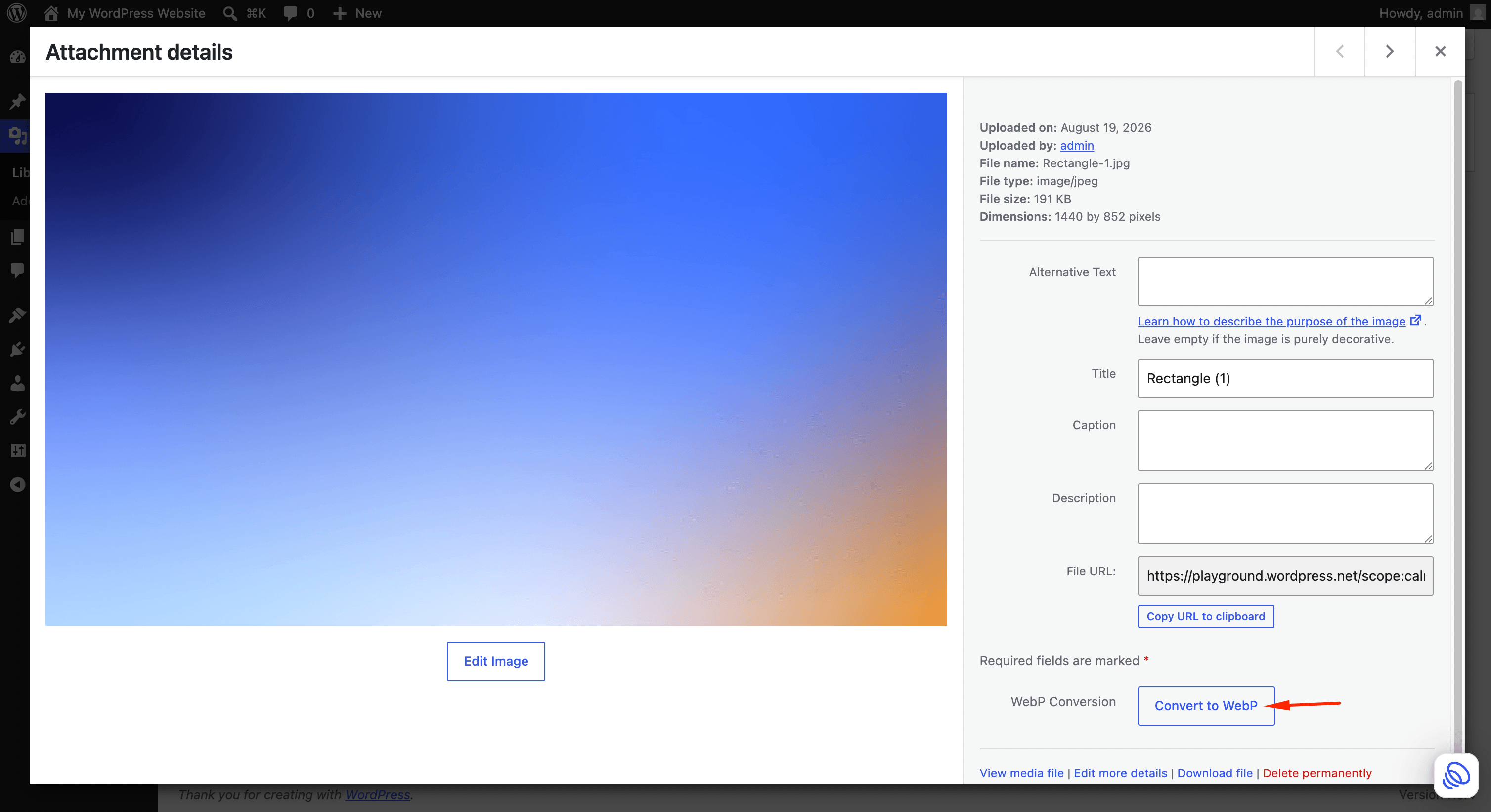Manual Convert to WebP button in the attachment details popup.