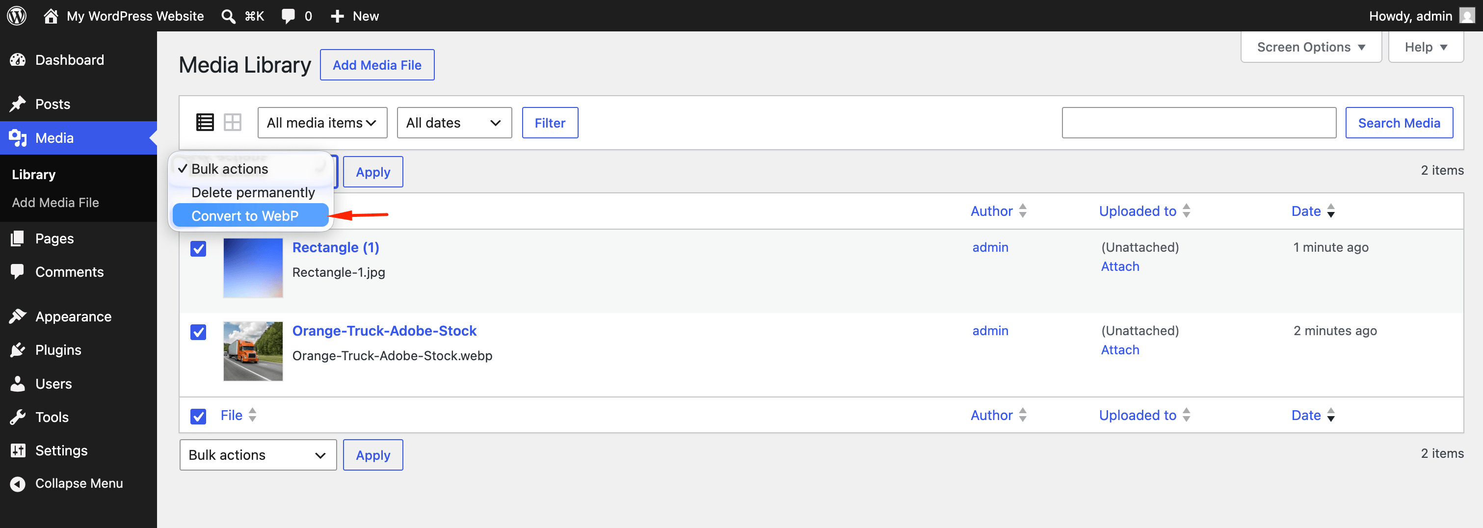 Bulk Convert to WebP action in the Media Library list view.