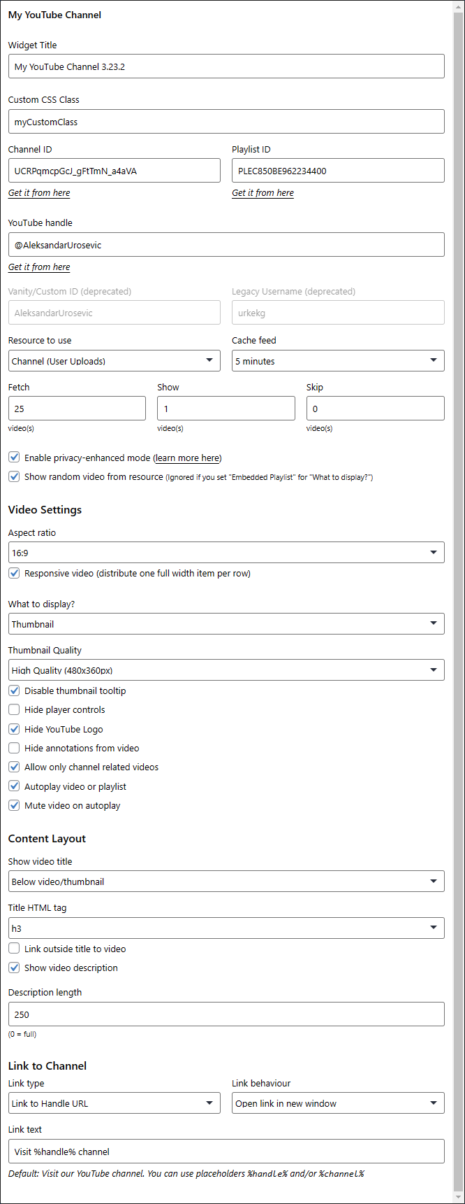 My YouTube Channel customized widget settings