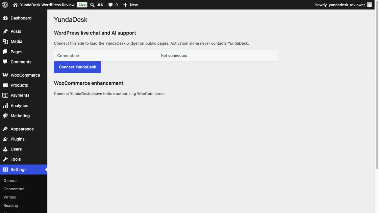 Native Settings > YundaDesk page before a site is connected.