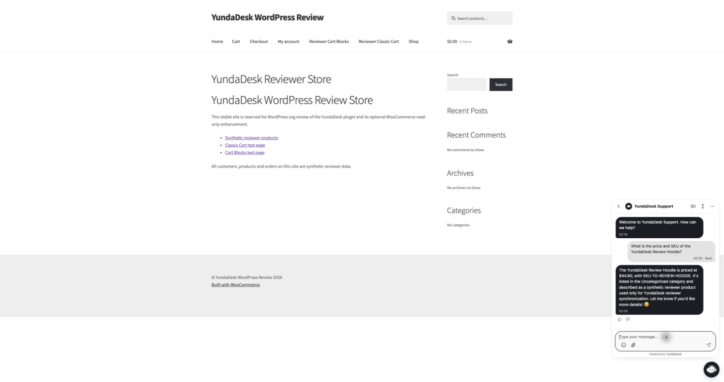 Live YundaDesk Widget conversation on a WordPress storefront.