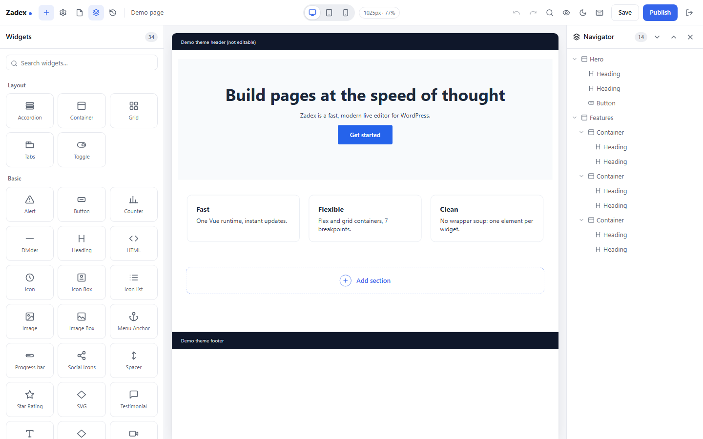 Live editing on the page, with the navigator tree of the page structure.