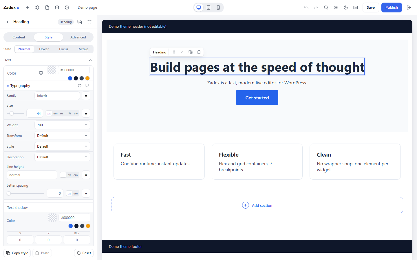 The settings panel: grouped controls with responsive and hover values.