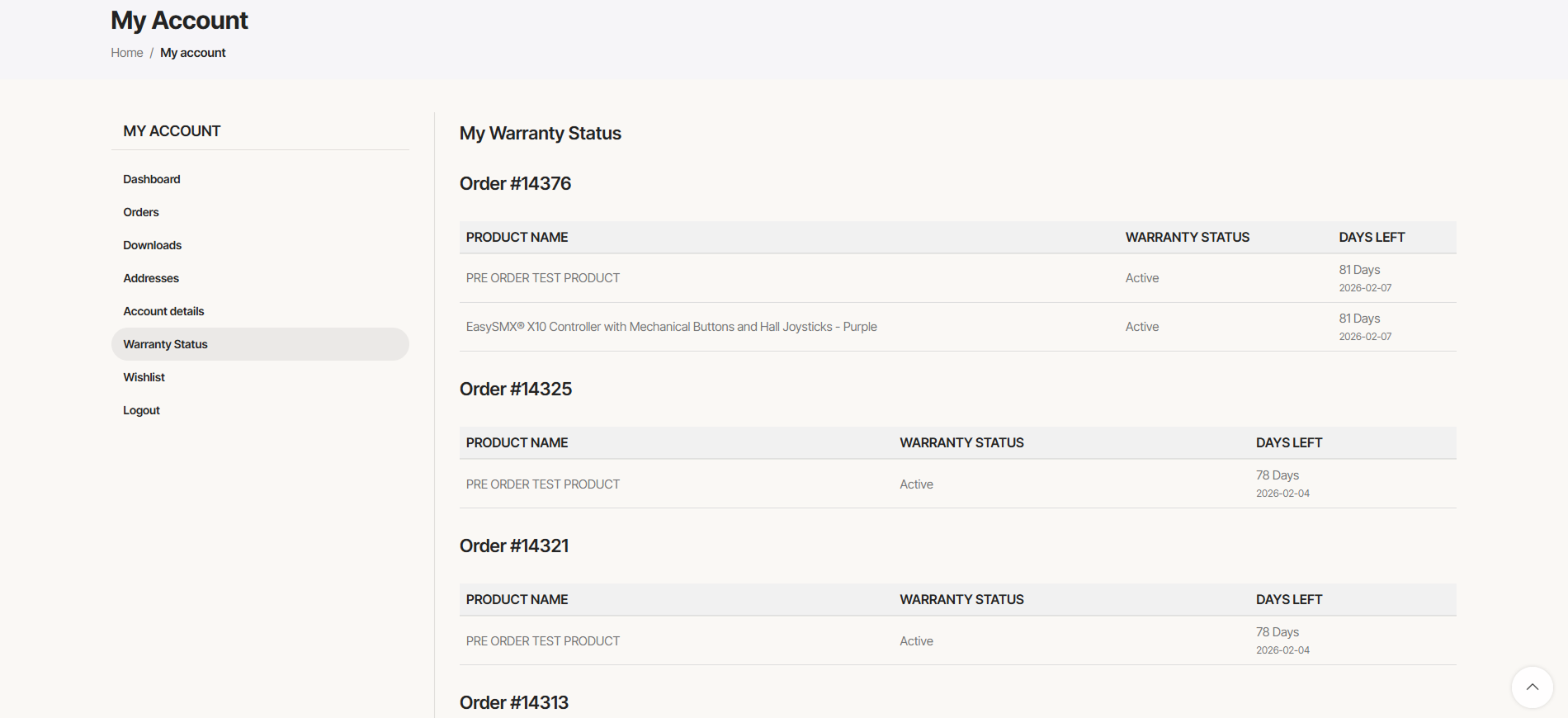 Warranty Status tab under My Account to track warranties of items purchased