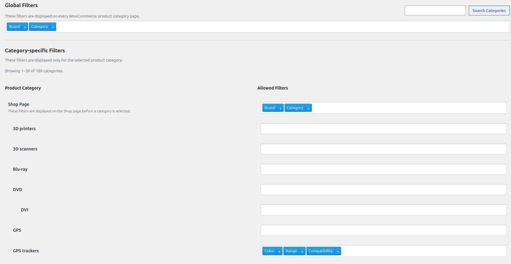 The main settings page where you assign filters to categories.