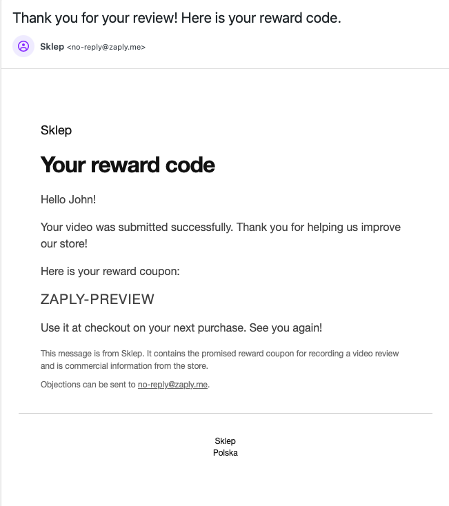 Reward email.