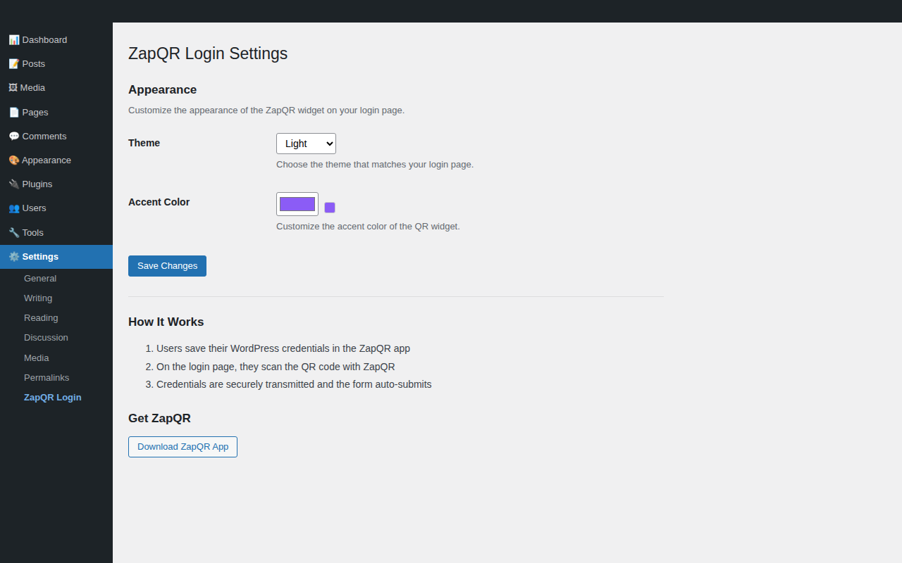 Settings page with theme and color options
