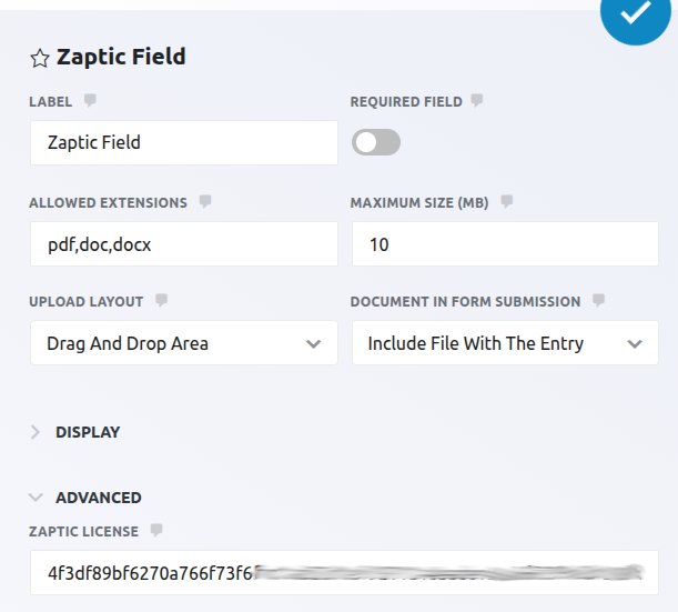 Zaptic field in the Ninja Forms builder — basic options and the Zaptic license field under Advanced options.