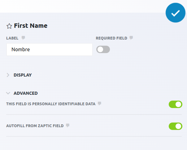 Other form fields in the builder with the Autofill from Zaptic Field toggle enabled or disabled.