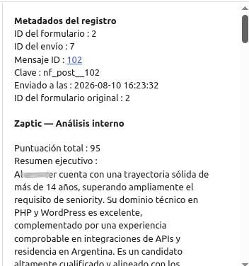 Zaptic scoring results — total score for the uploaded CV and a written summary explaining that score.