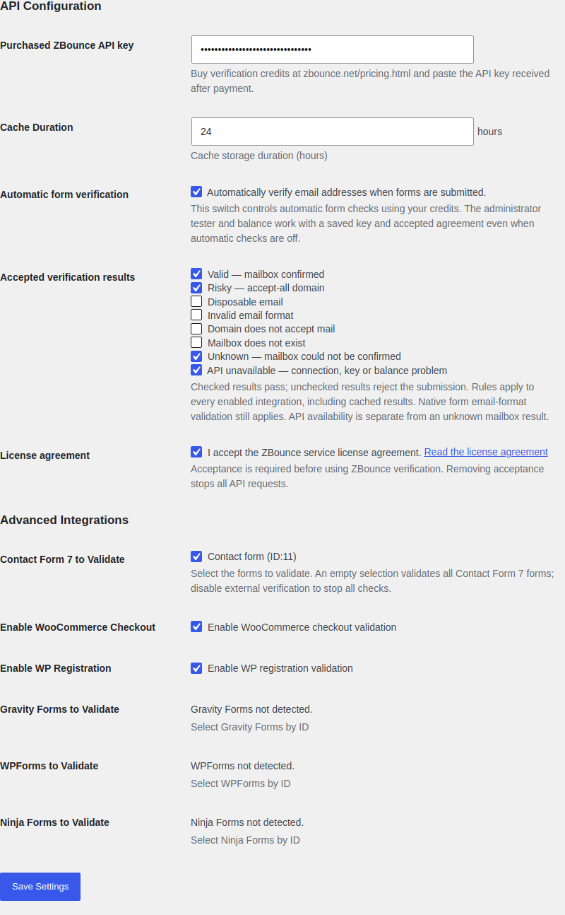 Accepted result policy and integrations: Contact Form 7, WooCommerce checkout, registration, Gravity Forms, WPForms and Ninja Forms.