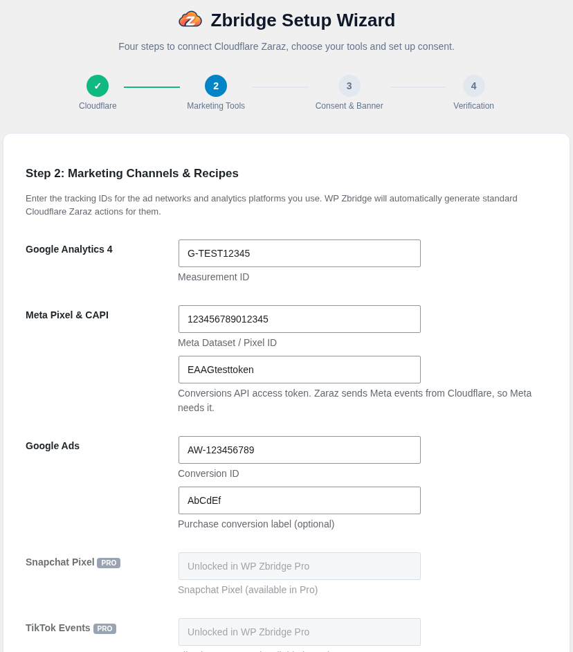 Setup wizard: enter the IDs for your analytics and ad tools.