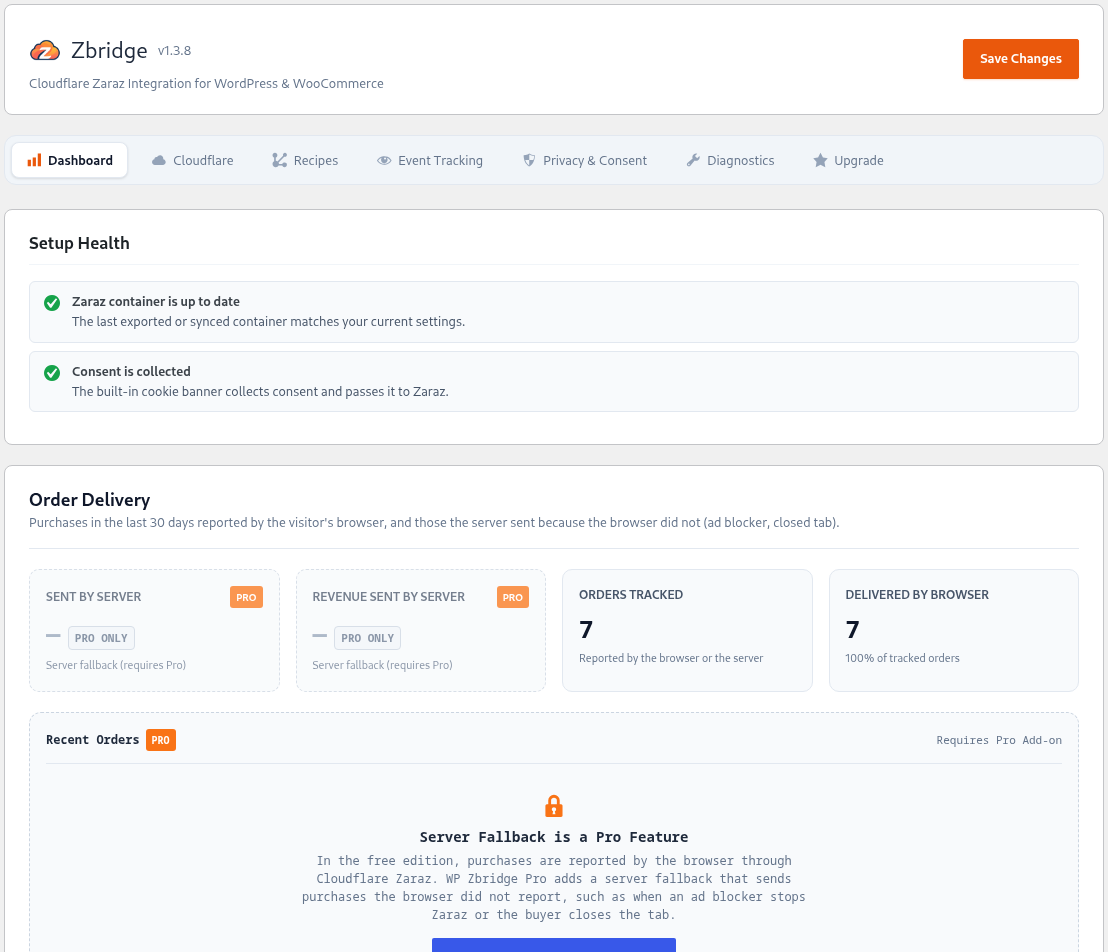Dashboard: setup health check and the orders reported to Zaraz in the last 30 days (Pro adds the server fallback and Zaraz activity).