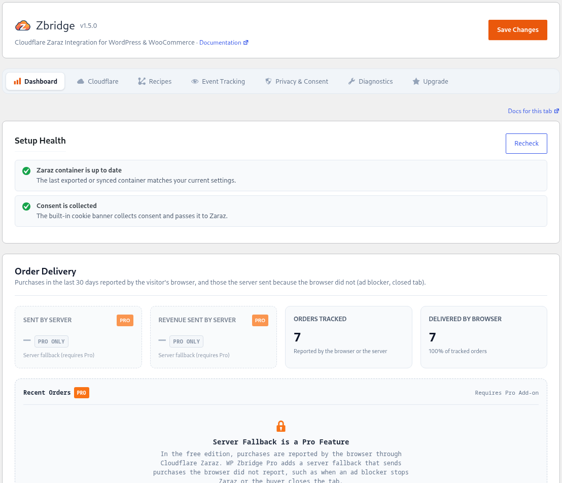 Dashboard: setup health check and the orders reported to Zaraz in the last 30 days (Pro adds the server fallback and Zaraz activity).